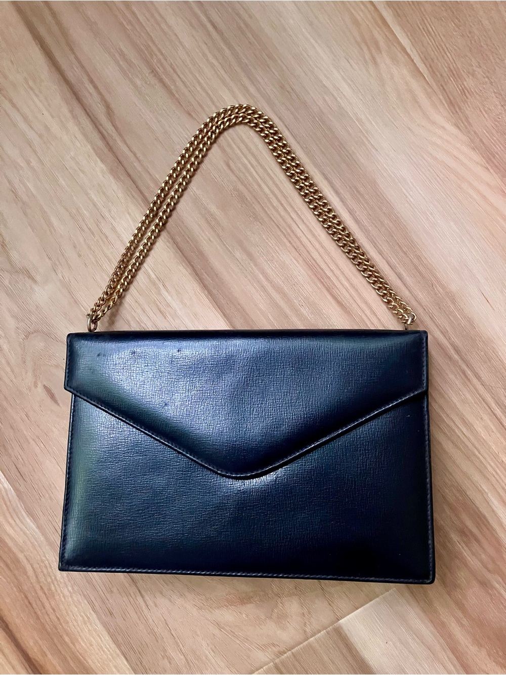 Vintage LeatherBlack Envelope Hand Bag with Gold Chain Strap